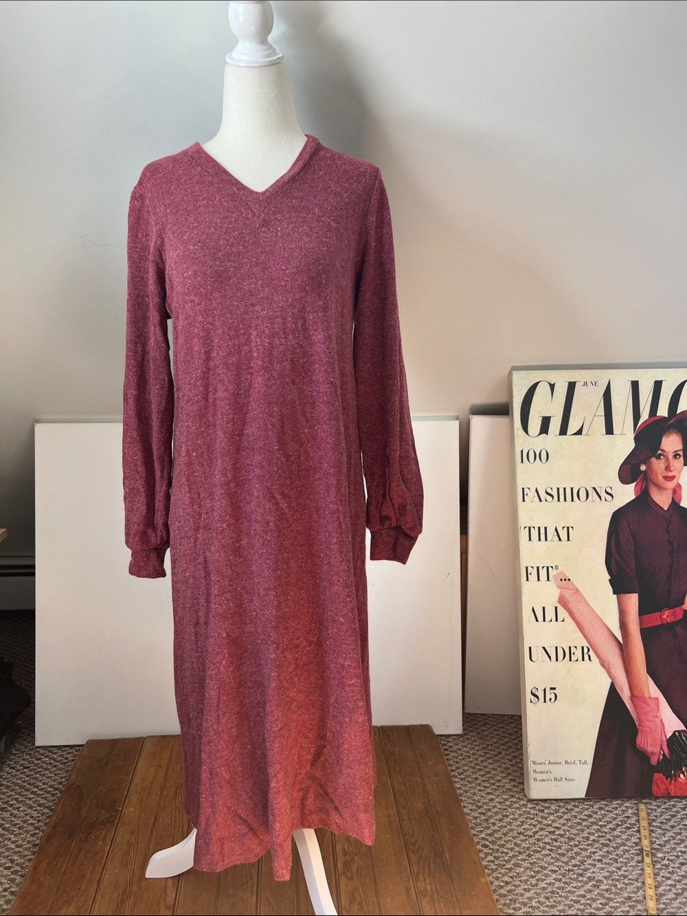 Vintage 80s Cozy Long Sleeve V-Neck Midi Dress in Dusty Rose